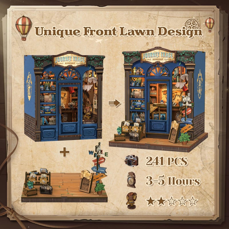 CUTEBEE Book Nook Kit - DIY Miniature House Dollhouse Kit for Adults and Teens, Booknook Tiny House Bookshelf Decor 3D Wooden Puzzle, Gifts for Family, Friends (Journey Trace Bookshop) - Image 4