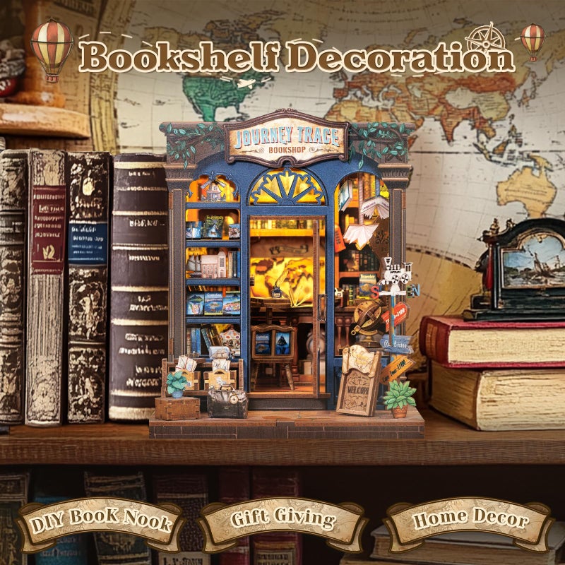 CUTEBEE Book Nook Kit - DIY Miniature House Dollhouse Kit for Adults and Teens, Booknook Tiny House Bookshelf Decor 3D Wooden Puzzle, Gifts for Family, Friends (Journey Trace Bookshop) - Image 2