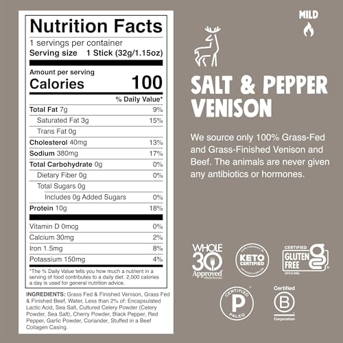 Chomps Grass-Fed & Finished Salt & Pepper Venison Jerky Meat Snack Sticks 10-Pack - Keto, Paleo, Low Carb, Whole30 Approved, 10g Lean Meat Protein, Gluten Free, Zero Sugar Food - Image 2