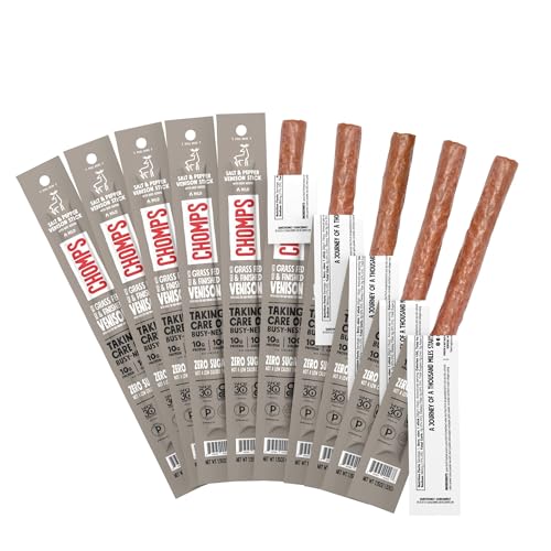 Chomps Grass-Fed & Finished Salt & Pepper Venison Jerky Meat Snack Sticks 10-Pack - Keto, Paleo, Low Carb, Whole30 Approved, 10g Lean Meat Protein, Gluten Free, Zero Sugar Food - Image 1