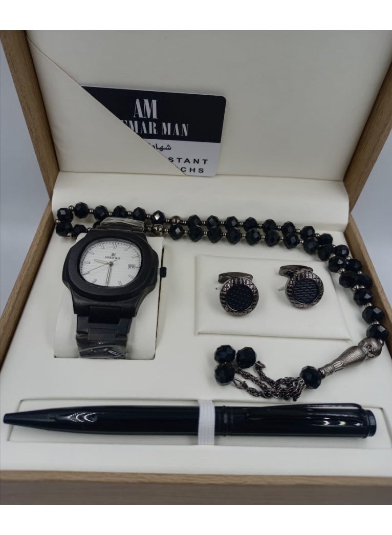 ANEMAR MAN A high-quality, elegant men's gift set including a watch, pen, prayer beads, cufflinks, and a black strap with a white dial.