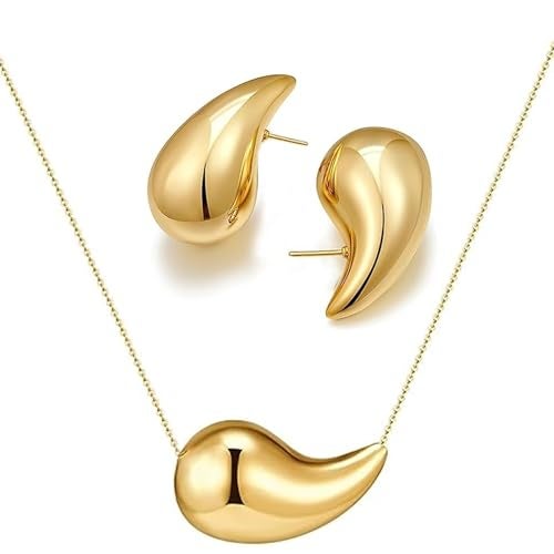 VULETO 2 Pairs Earrings Necklace Dupes Set for Women Teardrop Chunky Gold Hoop Earrings Water Tear Drop Necklace Trendy Jewelry Gifts Set for Women Her - Image 1