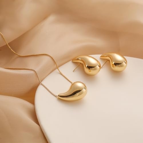 VULETO 2 Pairs Earrings Necklace Dupes Set for Women Teardrop Chunky Gold Hoop Earrings Water Tear Drop Necklace Trendy Jewelry Gifts Set for Women Her - Image 4
