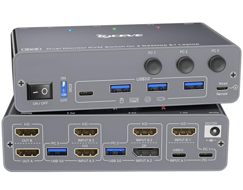 KCEVE KVM Switch 2 Monitors 3 Computers USB C HDMI DP, EDID, USB 3.0 KVM Switch Dual Monitor HDMI for 1 Laptops 2 Desktop, 73W PD, 4K@60Hz, Aluminum, Wired Remote(4K USB C HD DP 3 in 2 Out KVM) - Image 1