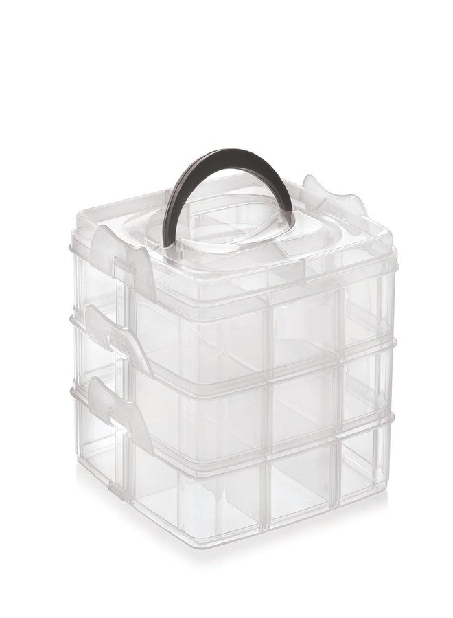 SELOME Transparent 3-Layer Plastic Jewelry Organizer Box – 18 Grid Detachable Storage Case for Earrings, Buttons, Sewing, Hair Accessories (14.5 x 14.5 cm) (Blue) - Image 4