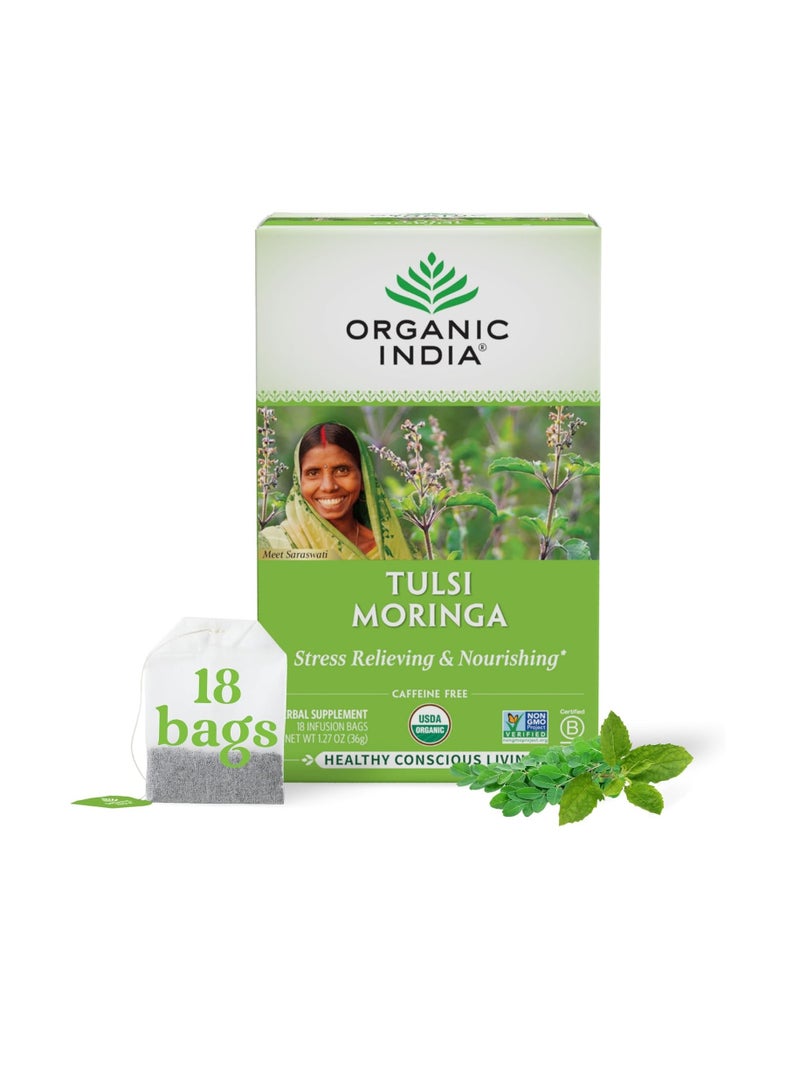 Organic India Organic India Tulsi Moringa Herbal Tea Stress Relieving and Nourishing 18 Infusion Bags 36g  - Image 1