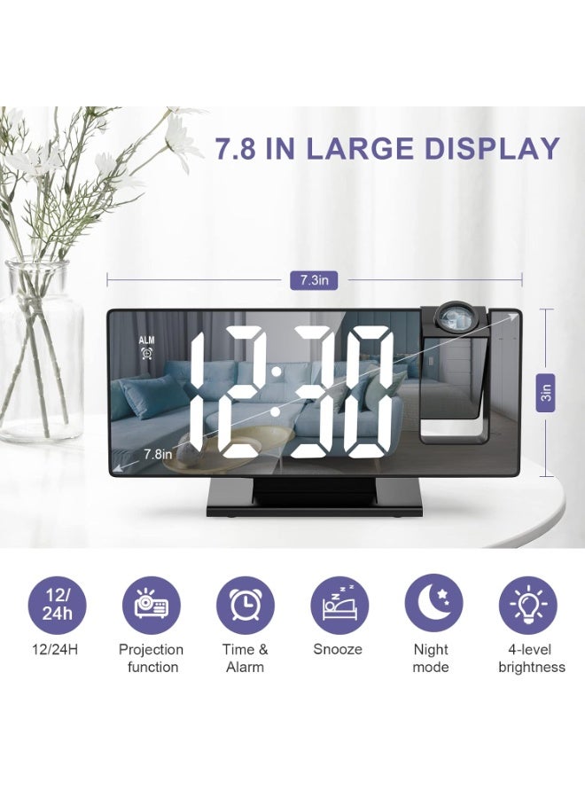 كيلا ساعة منبه إسقاطية، ساعة رقمية بشاشة عرض مرآة 7.8 بوصة مع 3 مستويات سطوع، ساعة منبه لغرفة النوم مع غفوة، شاحن USB، 12/24 ساعة، 3 أوضاع تنبيه، ساعة بجانب السرير للنوم الثقيل - Image 5