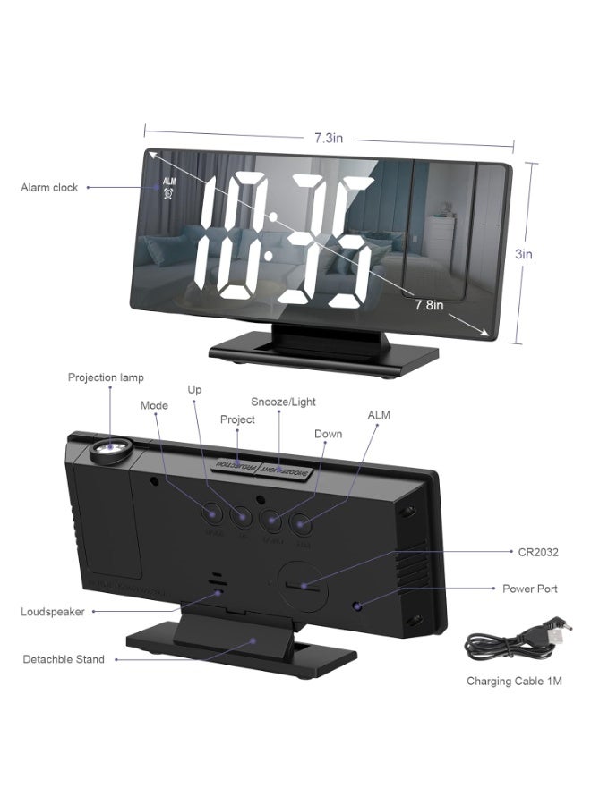 كيلا ساعة منبه إسقاطية، ساعة رقمية بشاشة عرض مرآة 7.8 بوصة مع 3 مستويات سطوع، ساعة منبه لغرفة النوم مع غفوة، شاحن USB، 12/24 ساعة، 3 أوضاع تنبيه، ساعة بجانب السرير للنوم الثقيل - Image 2