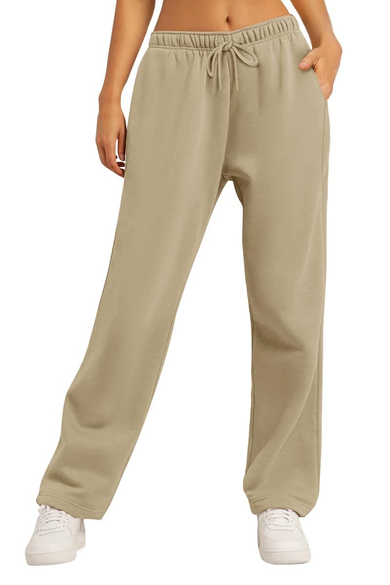 AUTOMET Women's Wide Leg Sweatpants Fleece Lined Baggy Straight Leg Lounge Pants Fall Outfits Athletic Joggers with Pockets Beige S - Image 1