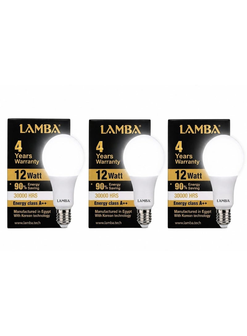 LAMBA 12W LED Bulb  White 7000K E27 1320 Lumens Energy Saving Light 110lm/W High Efficacy Pack of 3 | Stable Bright Light | Installation for Home and Office | Long Lifespan Up to 30000 hours - Image 1
