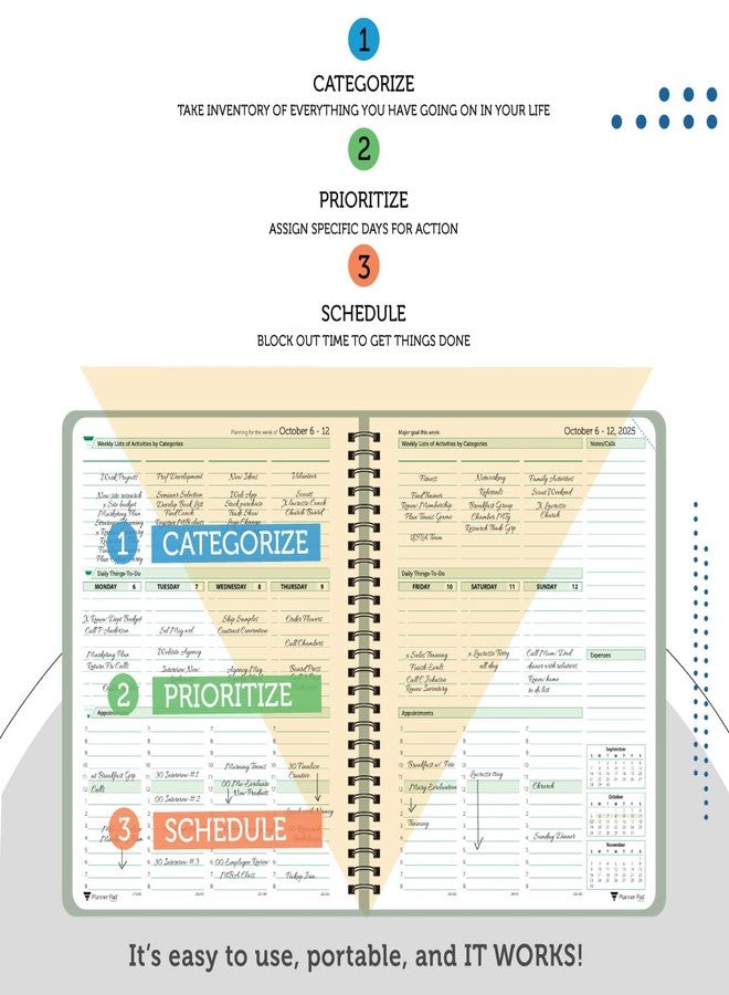 Planner Pad مفكرة تخطيط حلزونية بثلاثة مستويات، منظم لمدة 12 شهرًا، من أكتوبر 2025 إلى سبتمبر 2026، غلاف رمادي مخضر/حبر أخضر فاتح، 6 3/4 بوصة × 8 1/2 بوصة - Image 5