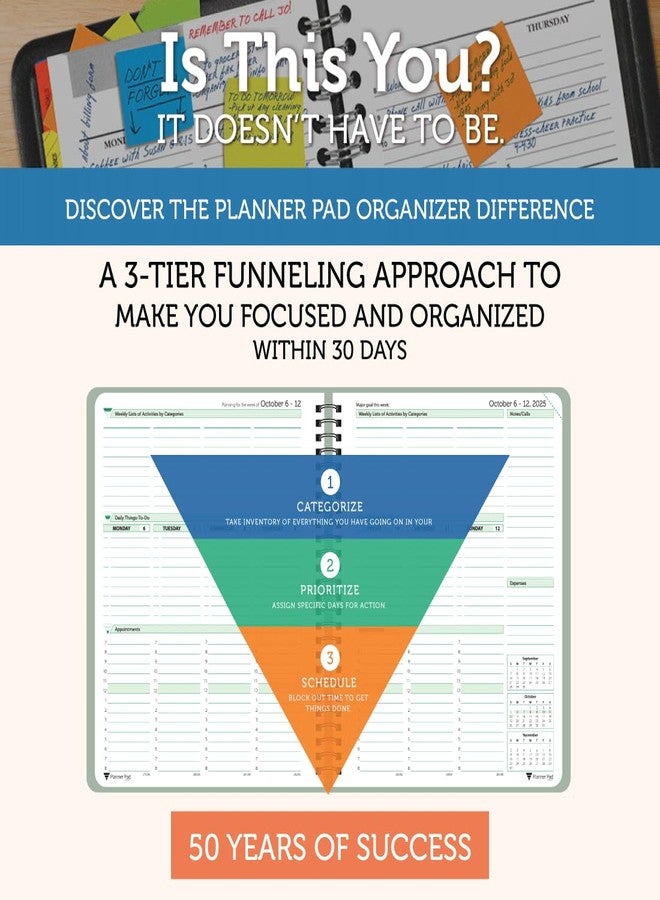 Planner Pad مفكرة تخطيط حلزونية بثلاثة مستويات، منظم لمدة 12 شهرًا، من أكتوبر 2025 إلى سبتمبر 2026، غلاف رمادي مخضر/حبر أخضر فاتح، 6 3/4 بوصة × 8 1/2 بوصة - Image 2