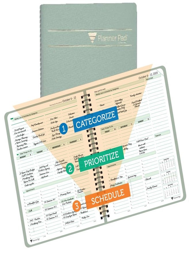 Planner Pad مفكرة تخطيط حلزونية بثلاثة مستويات، منظم لمدة 12 شهرًا، من أكتوبر 2025 إلى سبتمبر 2026، غلاف رمادي مخضر/حبر أخضر فاتح، 6 3/4 بوصة × 8 1/2 بوصة - Image 1