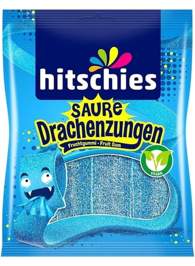 Hitschies Blue Sour Dragon Tongues Chewy Candy, Extra Tangy Fruit Strips, Blue Raspberry Flavor, Vegan Friendly Snack, 125g - Image 1