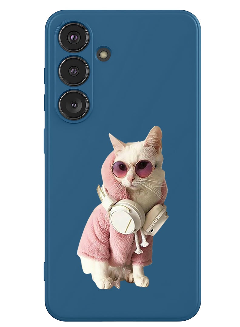 Theodor Protective Slim Fit Case Liquid Silicone Cover with Full Body Protection Anti-Scratch Shockproof Case For Samsung Galaxy S25 Plus (Blue) - White Cat - Image 1
