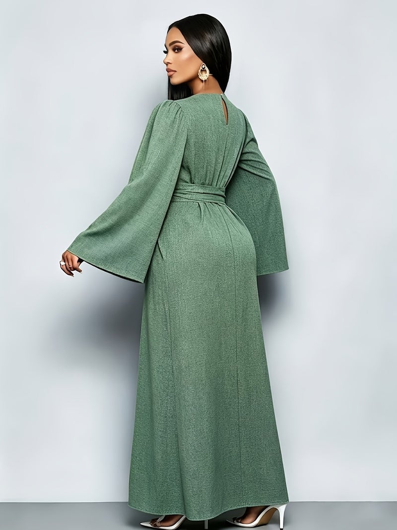 Elegant High-Waisted Bodycon Dress with Cinched Waist Tie-Front Closure - Long Sleeve Round Neck -Line Dress Suitable for Weddings,, Parties, Machine Washable Solid Color Dress - Image 2