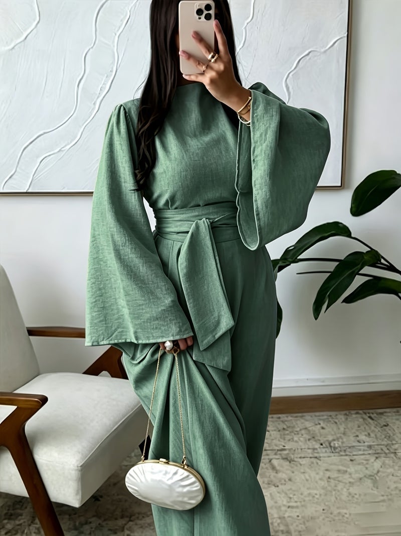 Elegant High-Waisted Bodycon Dress with Cinched Waist Tie-Front Closure - Long Sleeve Round Neck -Line Dress Suitable for Weddings,, Parties, Machine Washable Solid Color Dress - Image 5