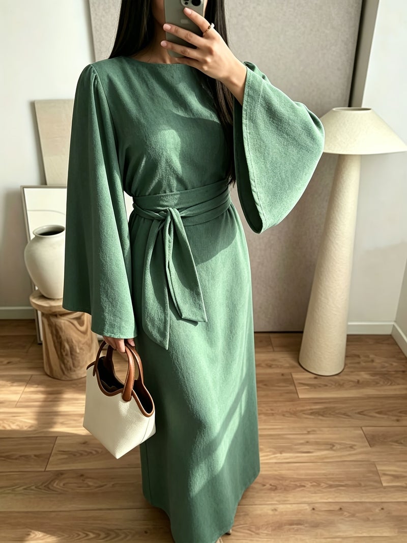 Elegant High-Waisted Bodycon Dress with Cinched Waist Tie-Front Closure - Long Sleeve Round Neck -Line Dress Suitable for Weddings,, Parties, Machine Washable Solid Color Dress - Image 3