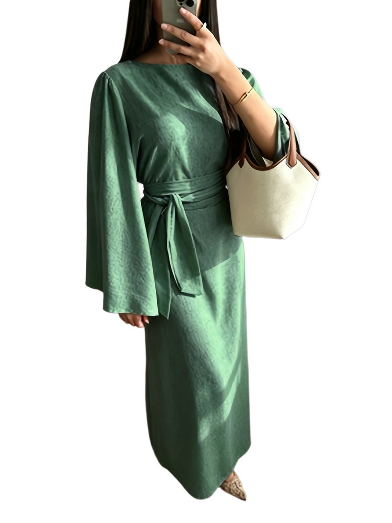 Elegant High-Waisted Bodycon Dress with Cinched Waist Tie-Front Closure - Long Sleeve Round Neck -Line Dress Suitable for Weddings,, Parties, Machine Washable Solid Color Dress - Image 1