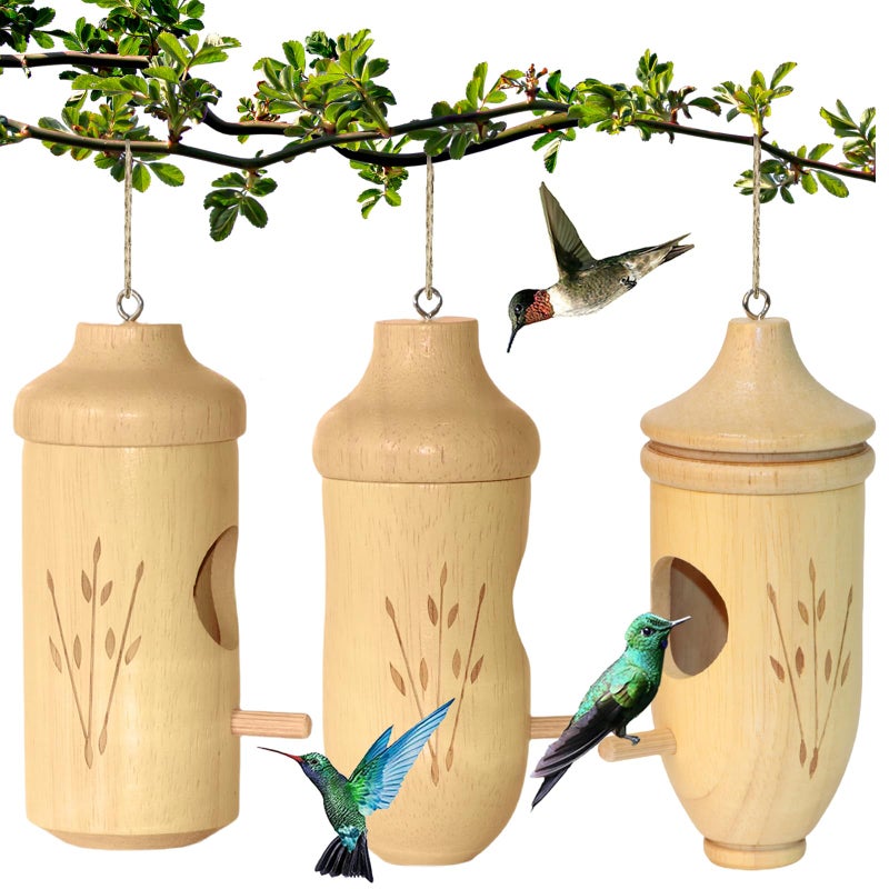 OROGHT Hummingbird House - Natural Wooden Hummingbird Houses For Outside Hanging  Gardening Gifts Home Decoration 3 Packs - Image 1