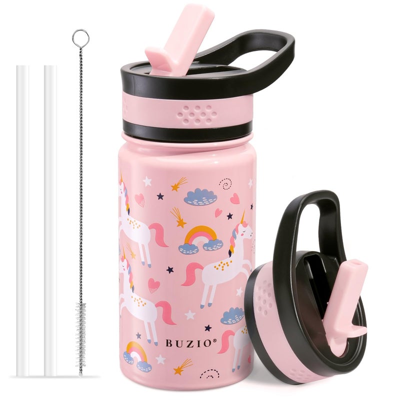 BUZIO 14oz Kids Water Bottle with Straw Lid Insulated Toddler Water Bottle for School Stainless Steel Thermo Cup for Girls Boys Reusable Leak Proof BpaFree Double Walled Flask Pink Unicorn