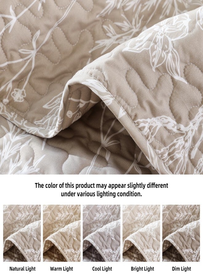 JANZAA Quilts Queen Size Oatmeal Bed Spread with White Floral Pattern Botanical Microfiber Quilts Set Lightweight Comforter 3 Pieces Reversible Bedding Set (1 Queen Quilt and 2 Pillow Cases) - Image 4