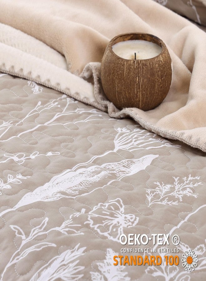 JANZAA Quilts Queen Size Oatmeal Bed Spread with White Floral Pattern Botanical Microfiber Quilts Set Lightweight Comforter 3 Pieces Reversible Bedding Set (1 Queen Quilt and 2 Pillow Cases) - Image 2