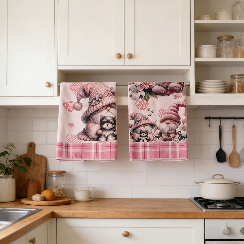 Sweet Pink Gnome Kitchen Towel Set 5 Pack Pink Grid Gathering Gnome Unique Designs For Baking And Cleaning - Image 4