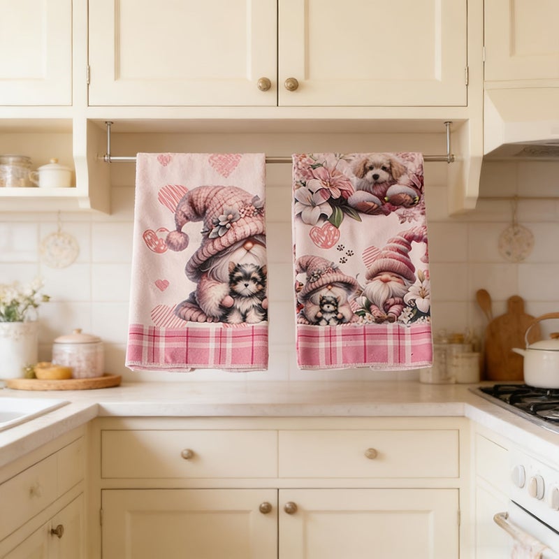 Sweet Pink Gnome Kitchen Towel Set 5 Pack Pink Grid Gathering Gnome Unique Designs For Baking And Cleaning - Image 5