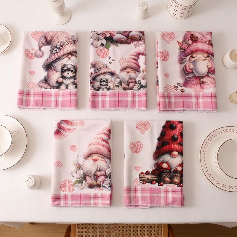 Sweet Pink Gnome Kitchen Towel Set 5 Pack Pink Grid Gathering Gnome Unique Designs For Baking And Cleaning - Image 1