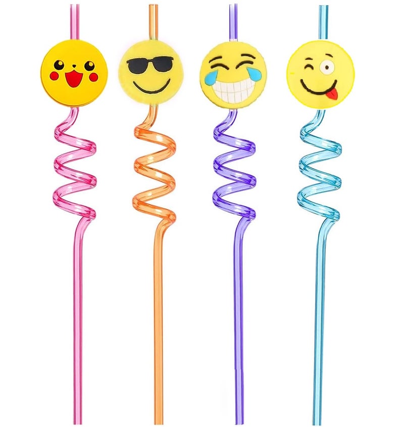 Giffy® 4 Pcs Reusable Spiral Smoothie Plastic BPA Free Drinking Straw for Milkshakes, Soft Drink, Juice, Christmas, Birthday Party Gifts - Multicolor, Smiley Design (Pack of 1) (1) - Image 1
