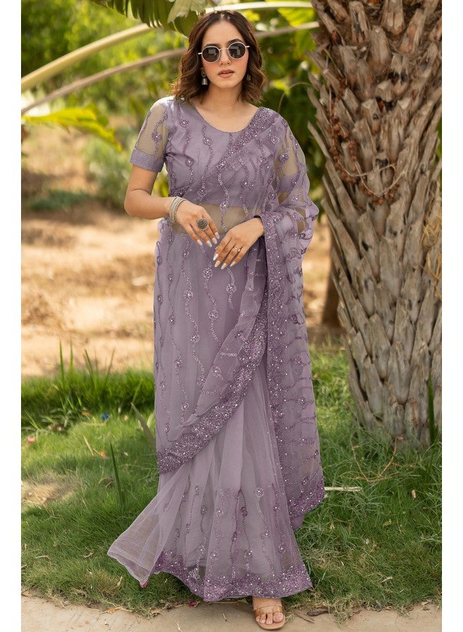 Subham Women's Net Embroidered Saree with Blouse Piece (42184-Dusty Purple) - Image 2