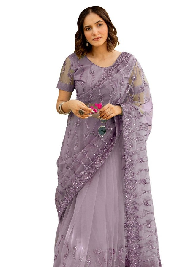 Subham Women's Net Embroidered Saree with Blouse Piece (42184-Dusty Purple) - Image 1