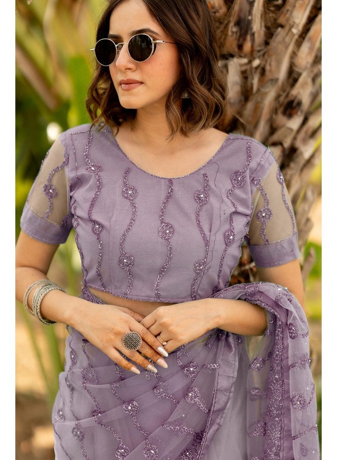 Subham Women's Net Embroidered Saree with Blouse Piece (42184-Dusty Purple) - Image 4