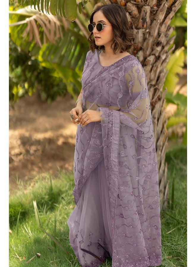 Subham Women's Net Embroidered Saree with Blouse Piece (42184-Dusty Purple) - Image 3