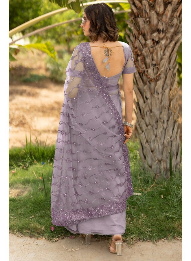 Subham Women's Net Embroidered Saree with Blouse Piece (42184-Dusty Purple) - Image 5