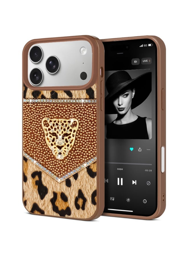 جراب هاتف عصري بتصميم فني مرصع بألماس لامع لهاتف آيفون 17 برو ماكس (بني بنقشة النمر)
