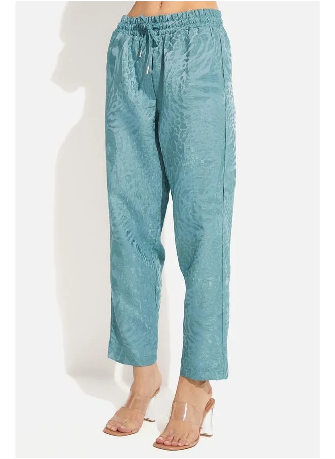 جون June Women Elastic Waist Rayon Blend Self-Patterned Woven Trouser Green