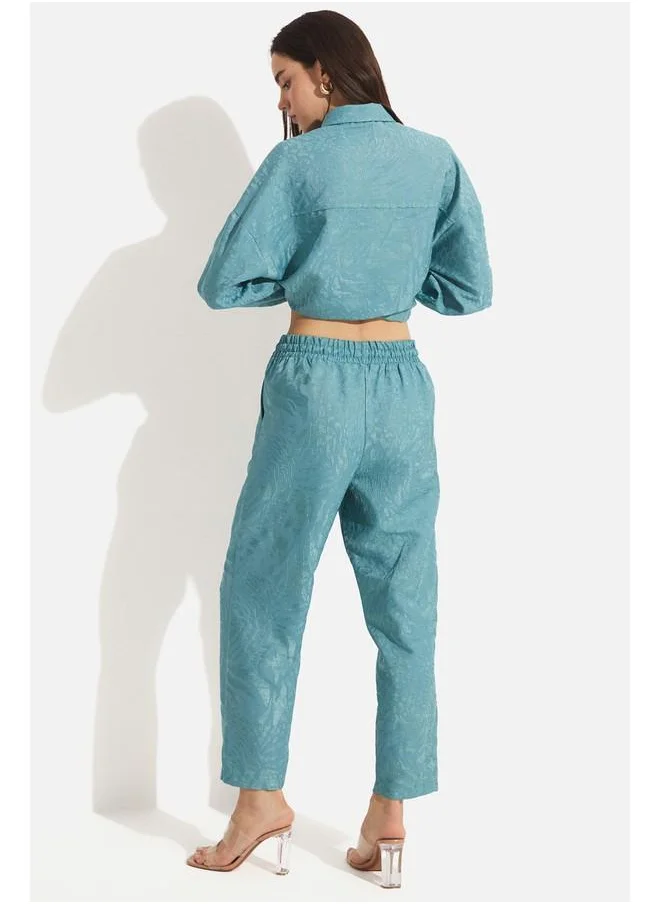 جون June Women Elastic Waist Rayon Blend Self-Patterned Woven Trouser Green