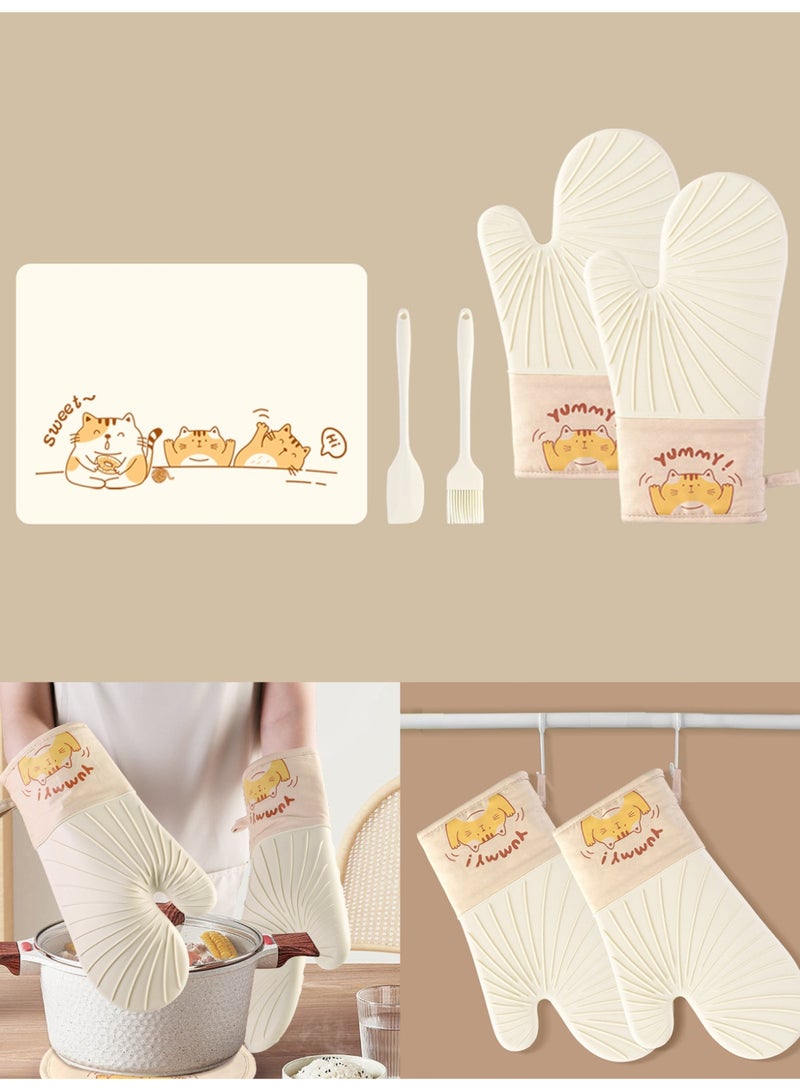 Extra Long Silicone Oven Mitts and Pot Holders Set, Heat Resistant Mittens with Mini Gloves Hot Pads and Oil Brush , for Kitchen Baking Cooking  - Image 1