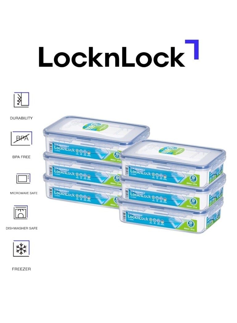 LocknLock Food Container Rectangle 800ml  Pack of 6| Airtight, BPA-Free, Eco-Friendly, Microwave & Freezer Safe