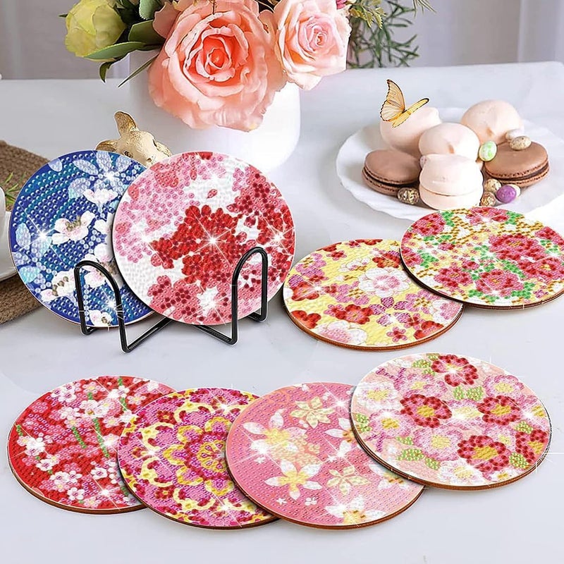 AzsVbvs 8 Pieces Diamond Painting Coasters Kit with Holder, Diamond Art Coasters, DIY Art Crafts Projects for Adults and Beginners (Cherry Blossom) - Image 2