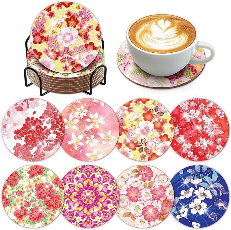 AzsVbvs 8 Pieces Diamond Painting Coasters Kit with Holder, Diamond Art Coasters, DIY Art Crafts Projects for Adults and Beginners (Cherry Blossom) - Image 1