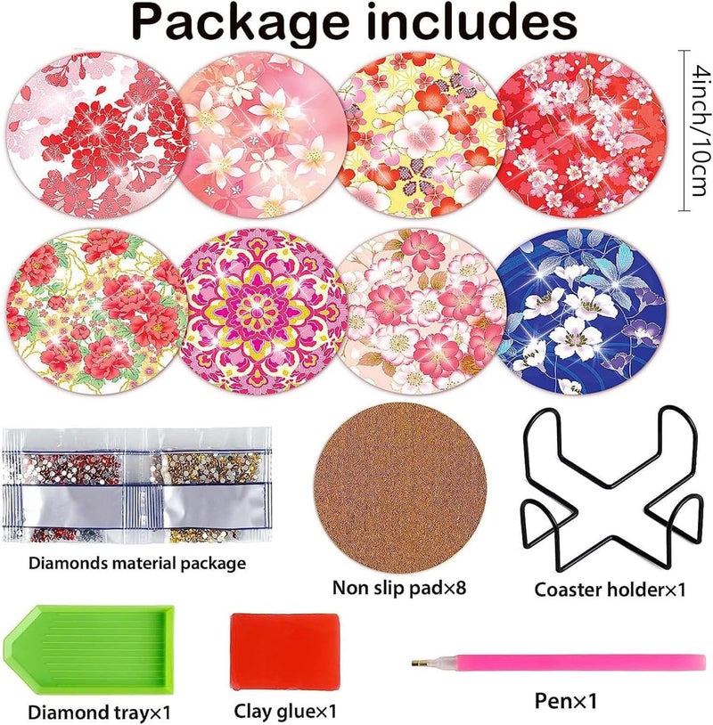 AzsVbvs 8 Pieces Diamond Painting Coasters Kit with Holder, Diamond Art Coasters, DIY Art Crafts Projects for Adults and Beginners (Cherry Blossom) - Image 4