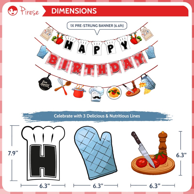Pirese Chef Birthday Decorations, Cooking Themed Happy Birthday Banner with Balloons, Chef Hat & Mittens Foil Balloons, Kitchen Party Decor for Food Lovers, Pre-Strung, Cute Cookout Party Supplies - Image 3