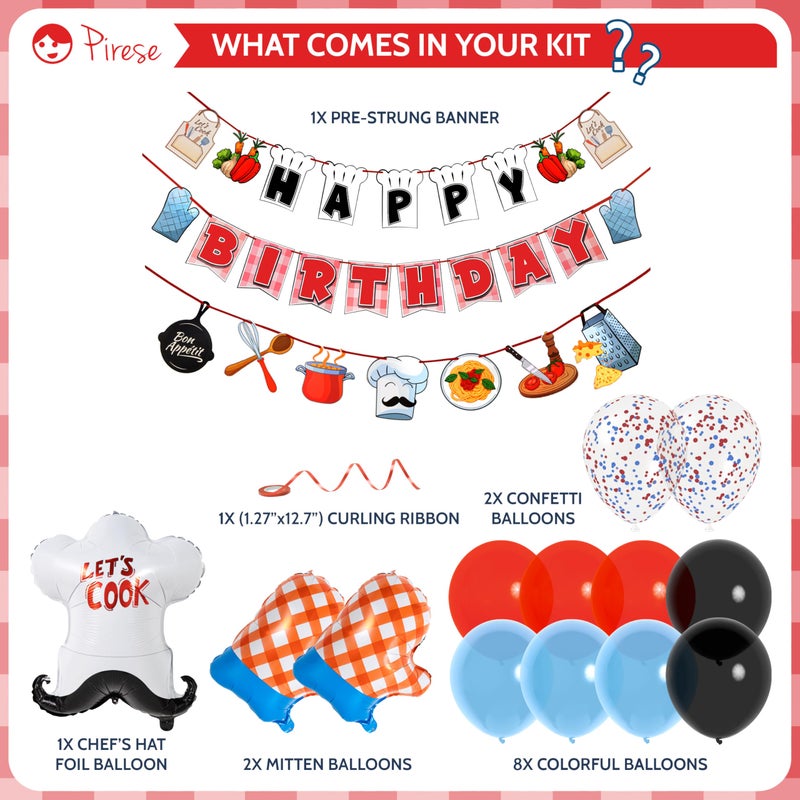 Pirese Chef Birthday Decorations, Cooking Themed Happy Birthday Banner with Balloons, Chef Hat & Mittens Foil Balloons, Kitchen Party Decor for Food Lovers, Pre-Strung, Cute Cookout Party Supplies - Image 2