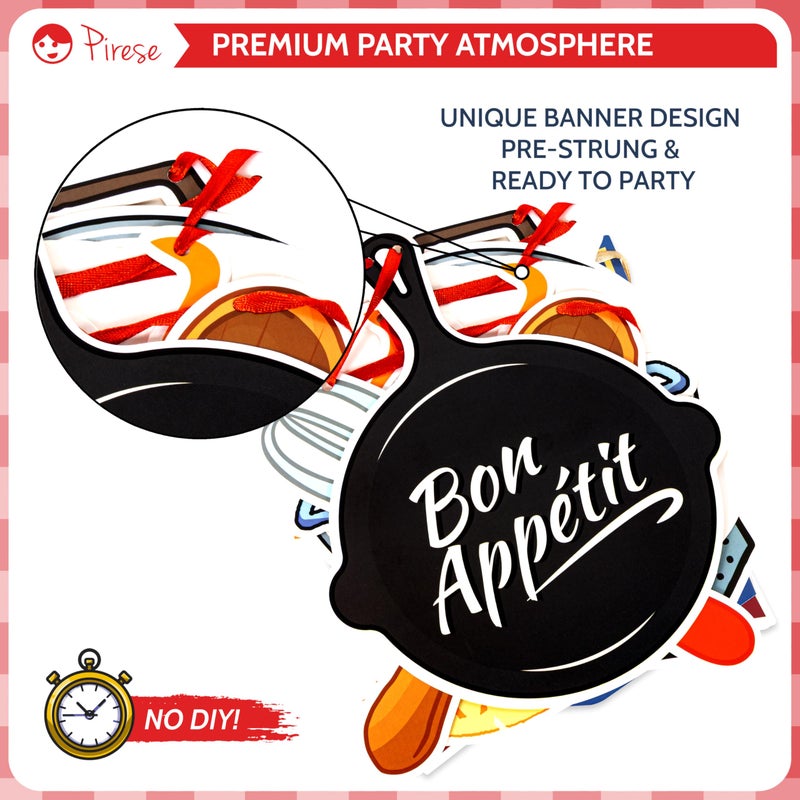 Pirese Chef Birthday Decorations, Cooking Themed Happy Birthday Banner with Balloons, Chef Hat & Mittens Foil Balloons, Kitchen Party Decor for Food Lovers, Pre-Strung, Cute Cookout Party Supplies - Image 5