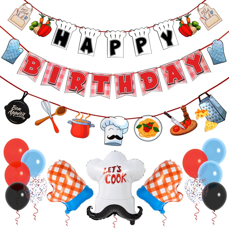 Pirese Chef Birthday Decorations, Cooking Themed Happy Birthday Banner with Balloons, Chef Hat & Mittens Foil Balloons, Kitchen Party Decor for Food Lovers, Pre-Strung, Cute Cookout Party Supplies - Image 1