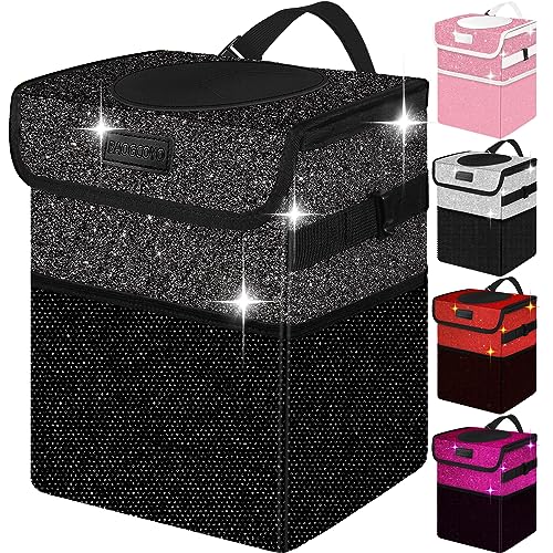BAOGCOYO Cute Mini Car Trash Bag with Lid, Glitter Garbage Can Bin Hanging for Back/Front Seat/Console, Waterproof, Leakproof, 2.5 Gallon, Black Bling Sparkly - Image 1