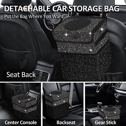 BAOGCOYO Cute Mini Car Trash Bag with Lid, Glitter Garbage Can Bin Hanging for Back/Front Seat/Console, Waterproof, Leakproof, 2.5 Gallon, Black Bling Sparkly - Image 3